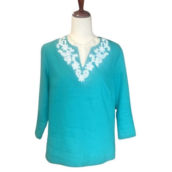 Talbots 3/4 Sleeve Blouse - Tunic Embroidered Neckline Teal Size Small Petite - Picture 1 of 9